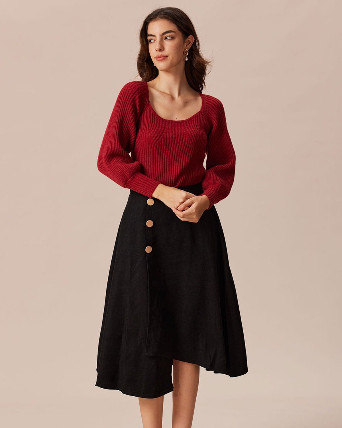 The Red Scoop Neck Lantern Sleeve Sweater Discounts