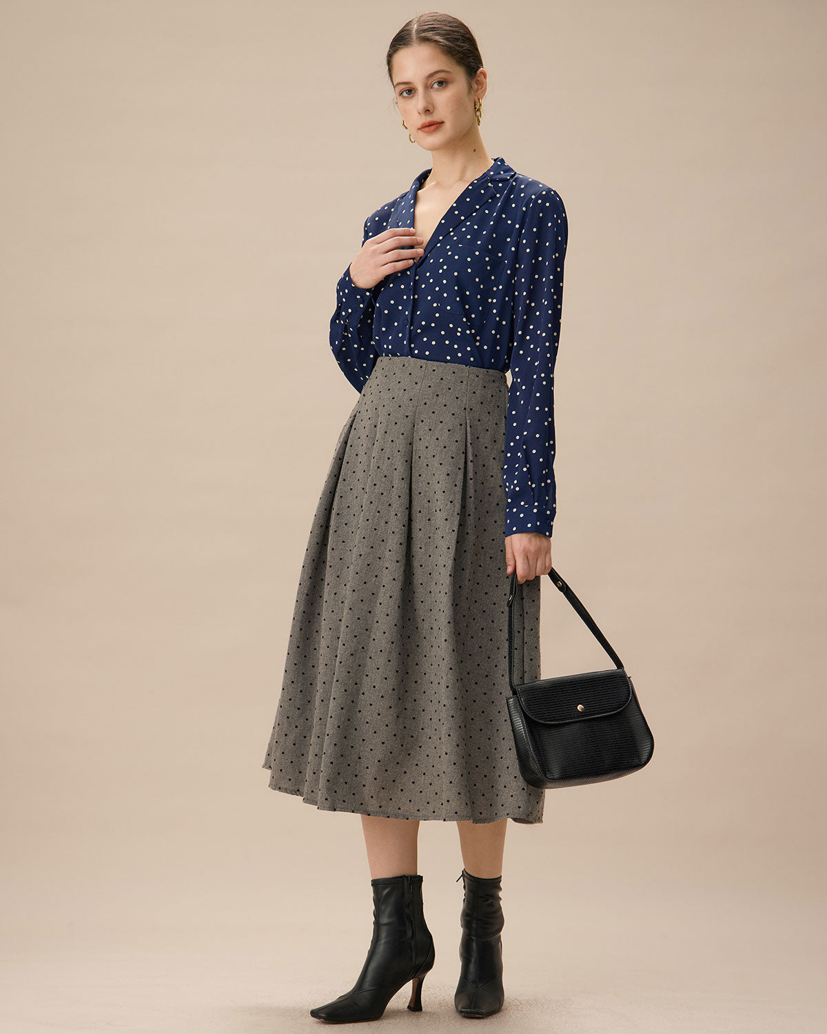 Grey Polka Dot Pleated Midi Skirt Buy Cheap Shop