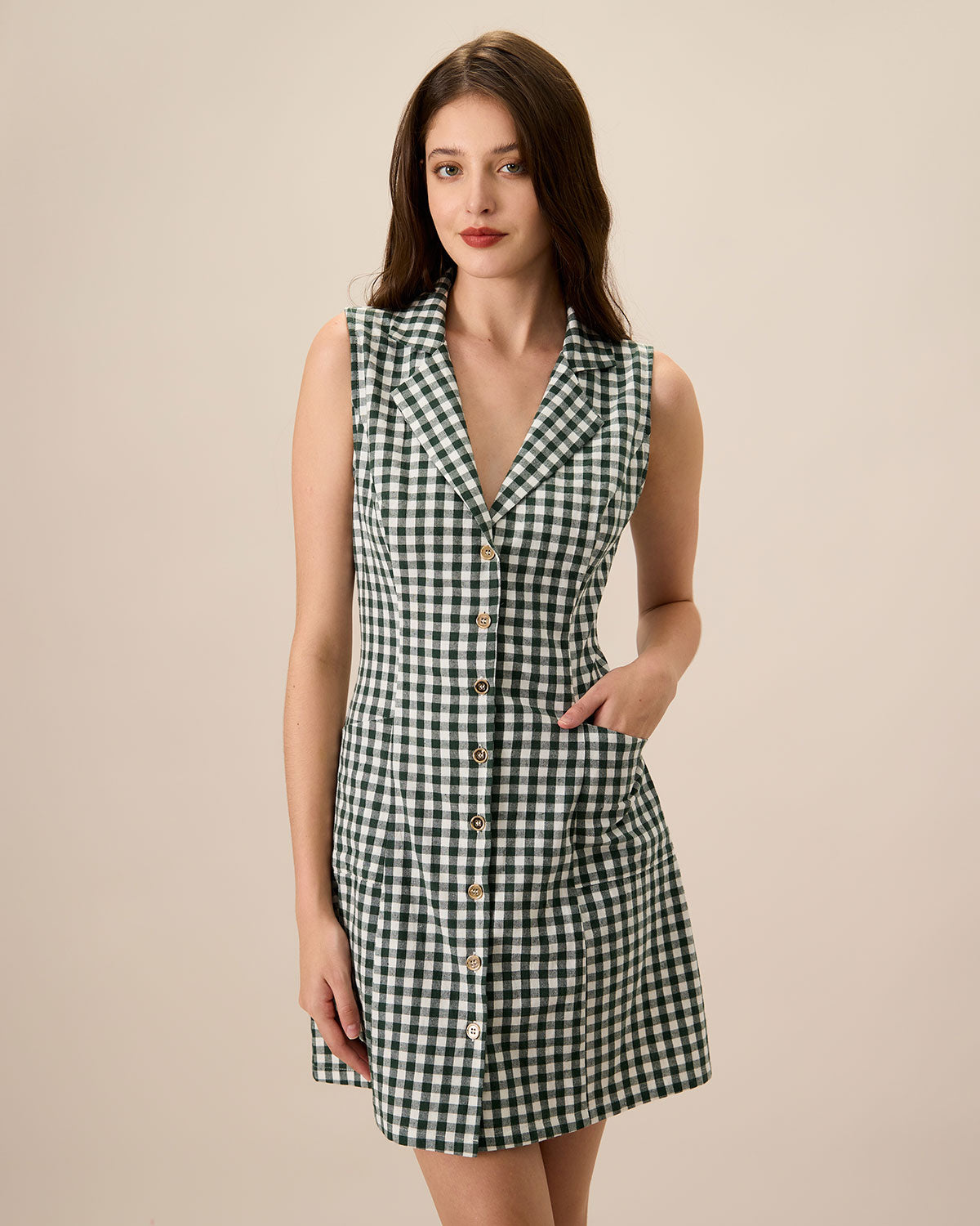 The Green Plaid Sleeveless Cotton Pocket Mini Dress Fast Delivery Sale Online