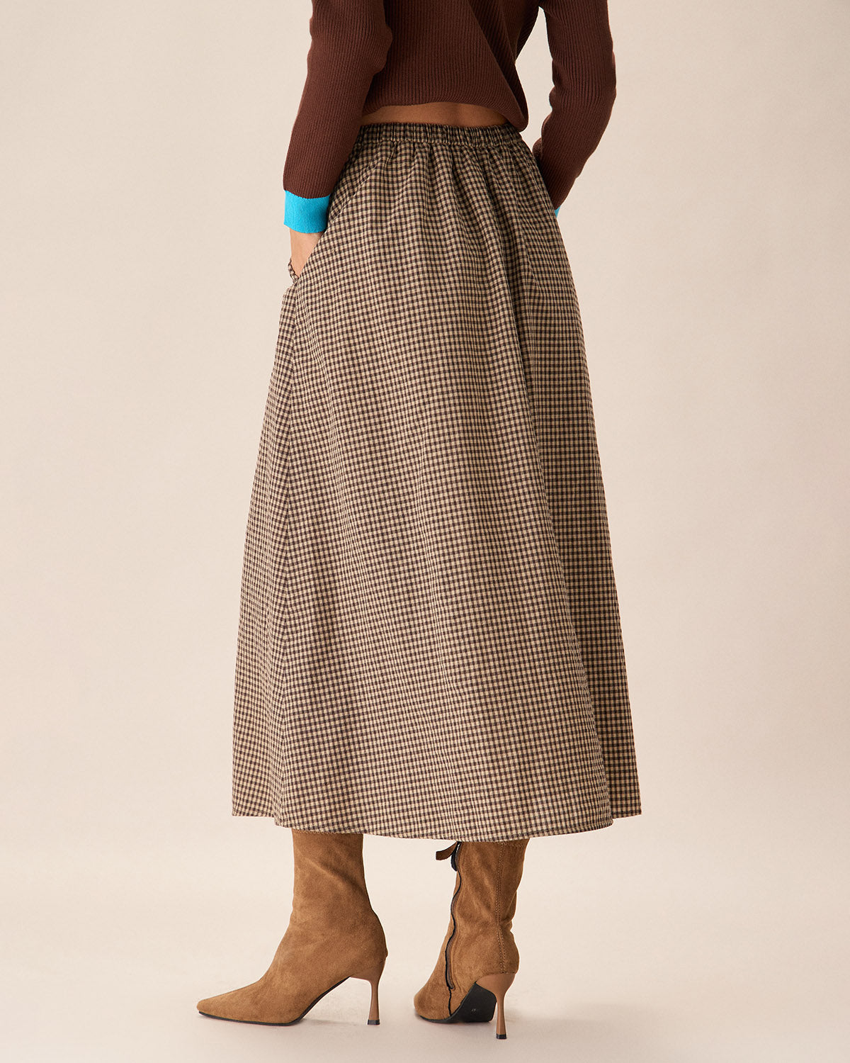 Brown Plaid High-Waisted Pocket Midi Skirt Cheap Fashion Style