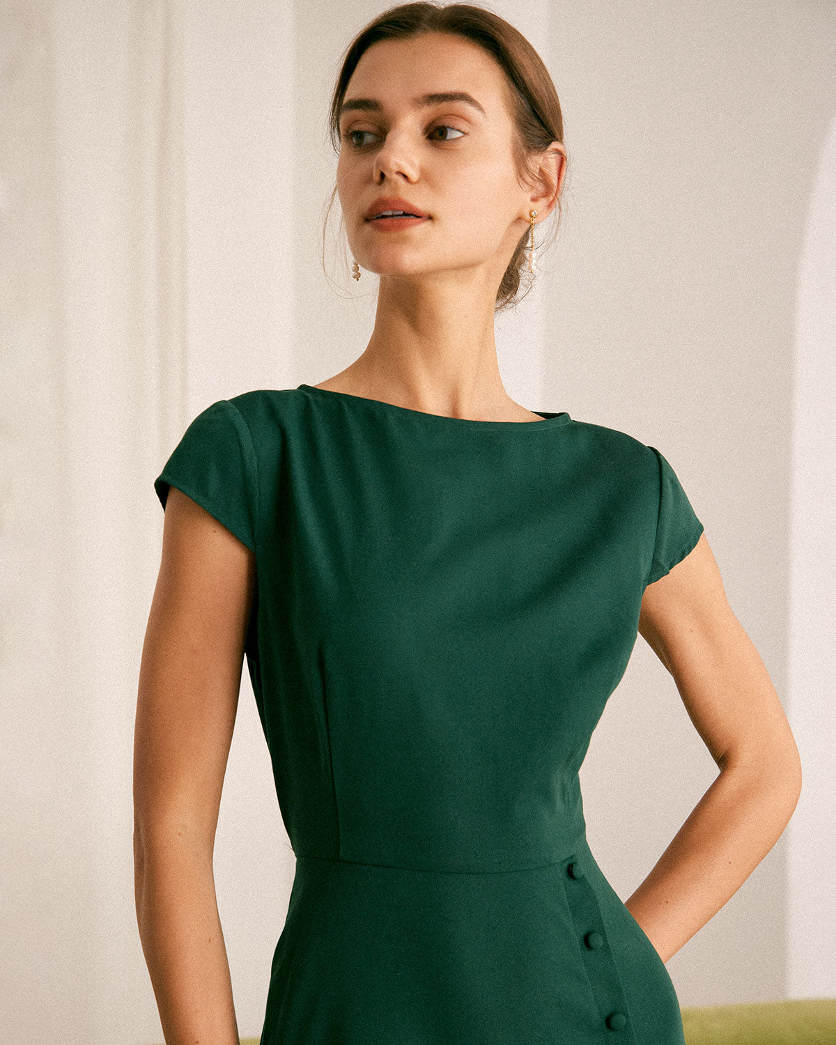 The Green Boat Neck Cutout Back Midi Dress New For Sale