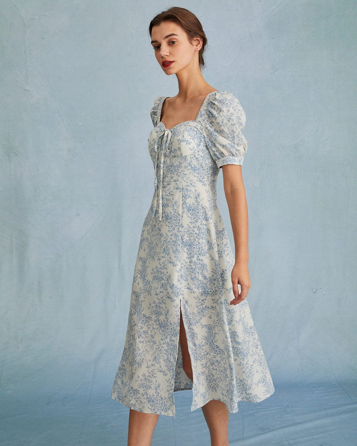 The Blue Sweetheart Neck Puff Sleeve Floral Midi Dress Clearance Exclusive