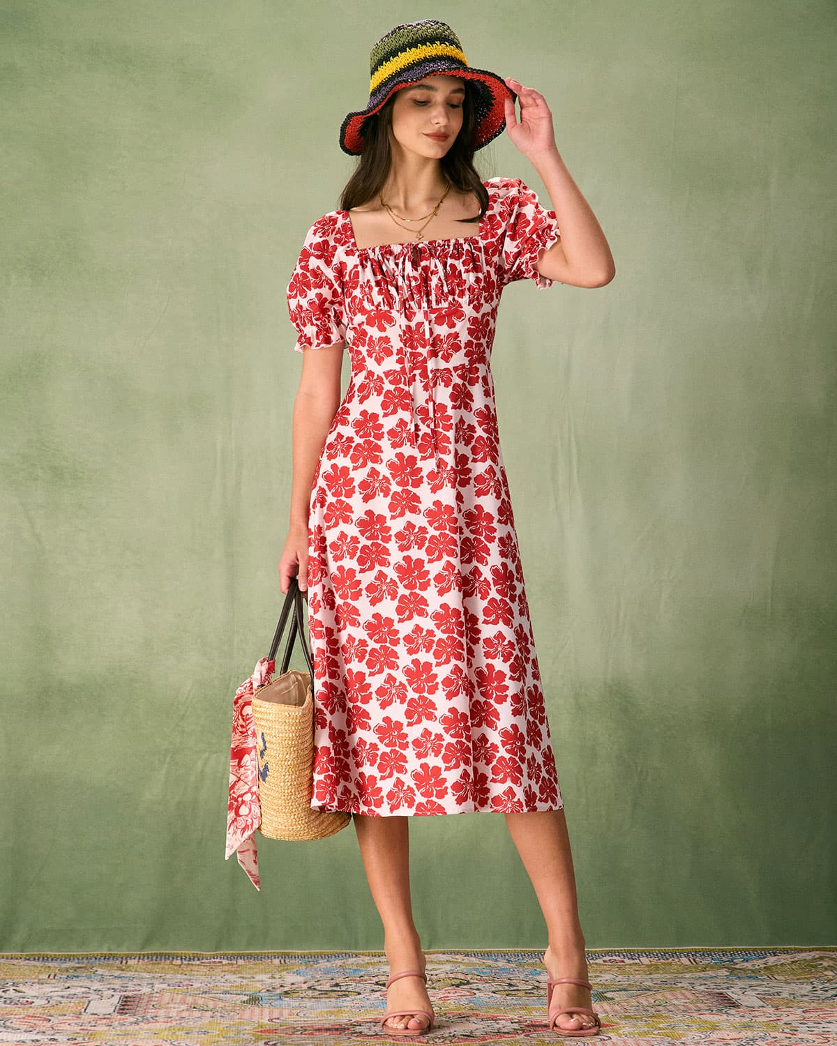 The Red Square Neck Floral Ruched Midi Dress Clearance Best Seller