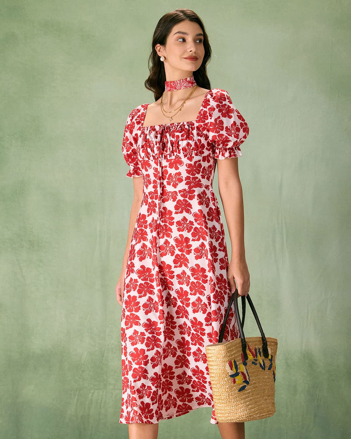 The Red Square Neck Floral Ruched Midi Dress Clearance Best Seller