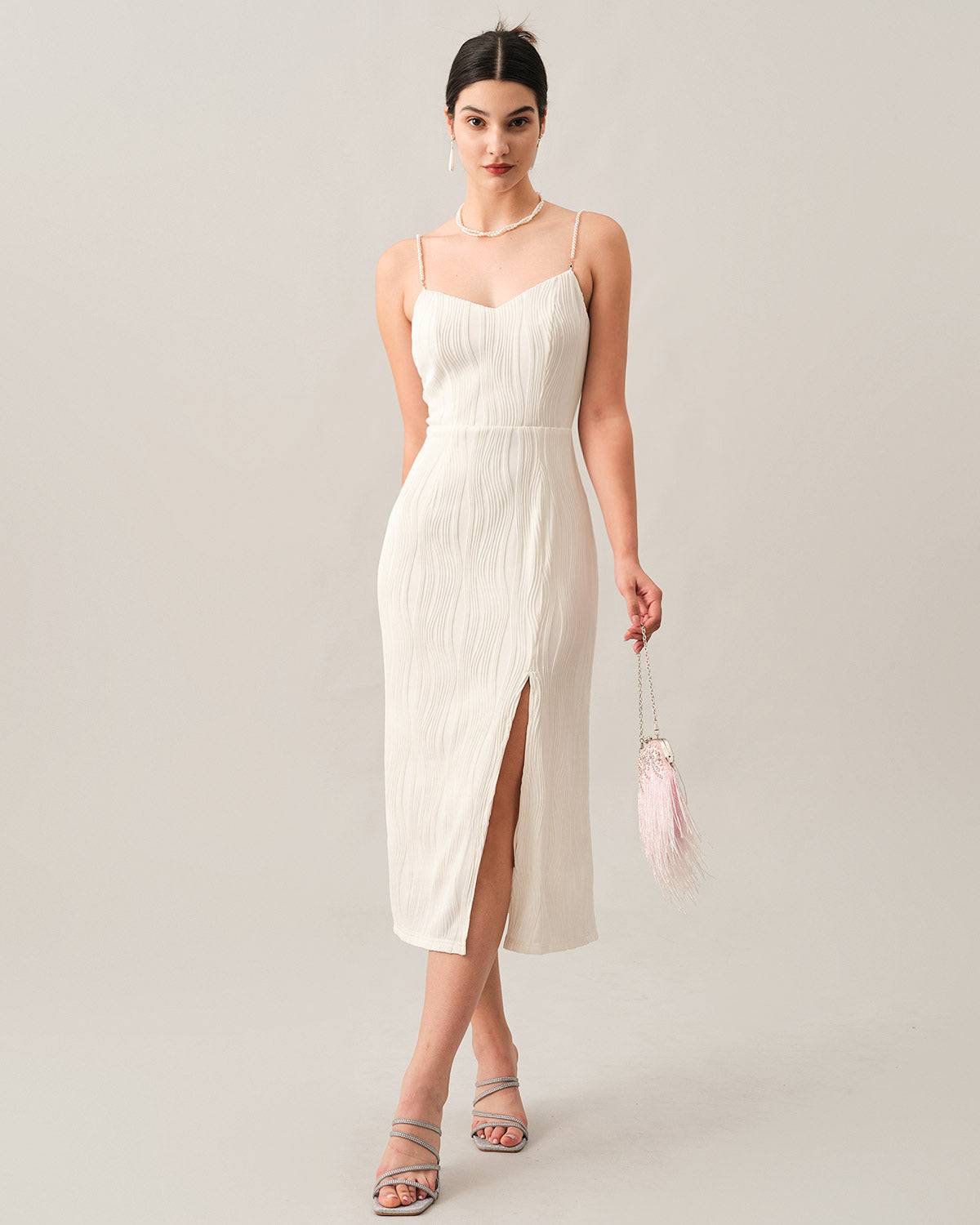 The Wave Textured Pearl Strap Midi Dress Discount Big Discount