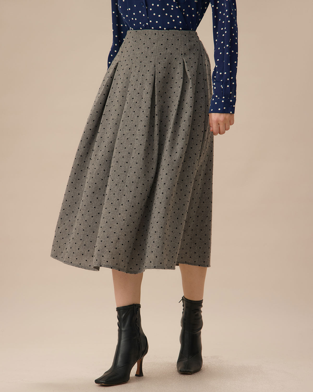 Grey Polka Dot Pleated Midi Skirt Buy Cheap Shop