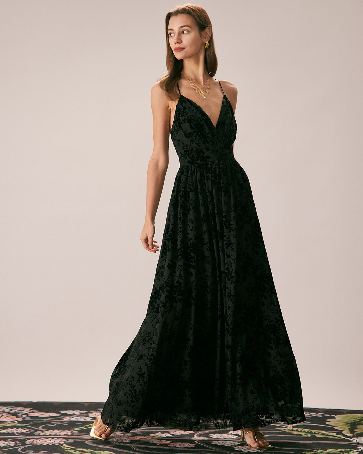 The Black Floral Flocked Mesh Slit Maxi Dress Where To Buy Low Pice