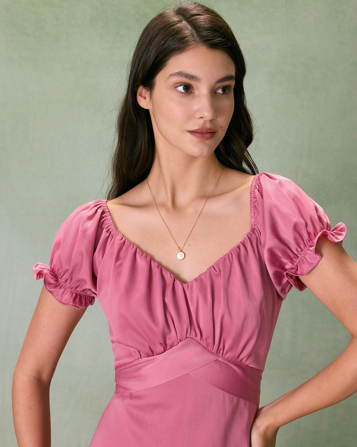 The Pink Sweetheart Neck Ruched Satin Midi Dress Free Shipping Reliable