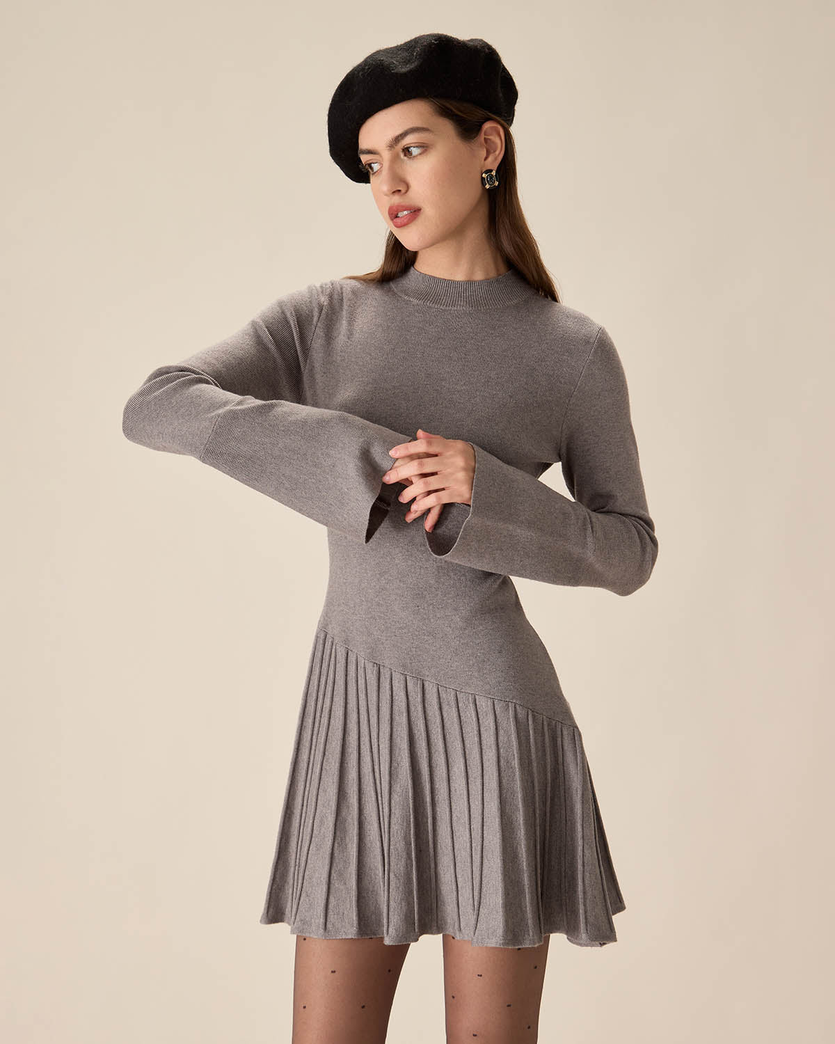 Grey Mock Neck Bell Sleeve Sweater Dress Buy Cheap 2025 Newest