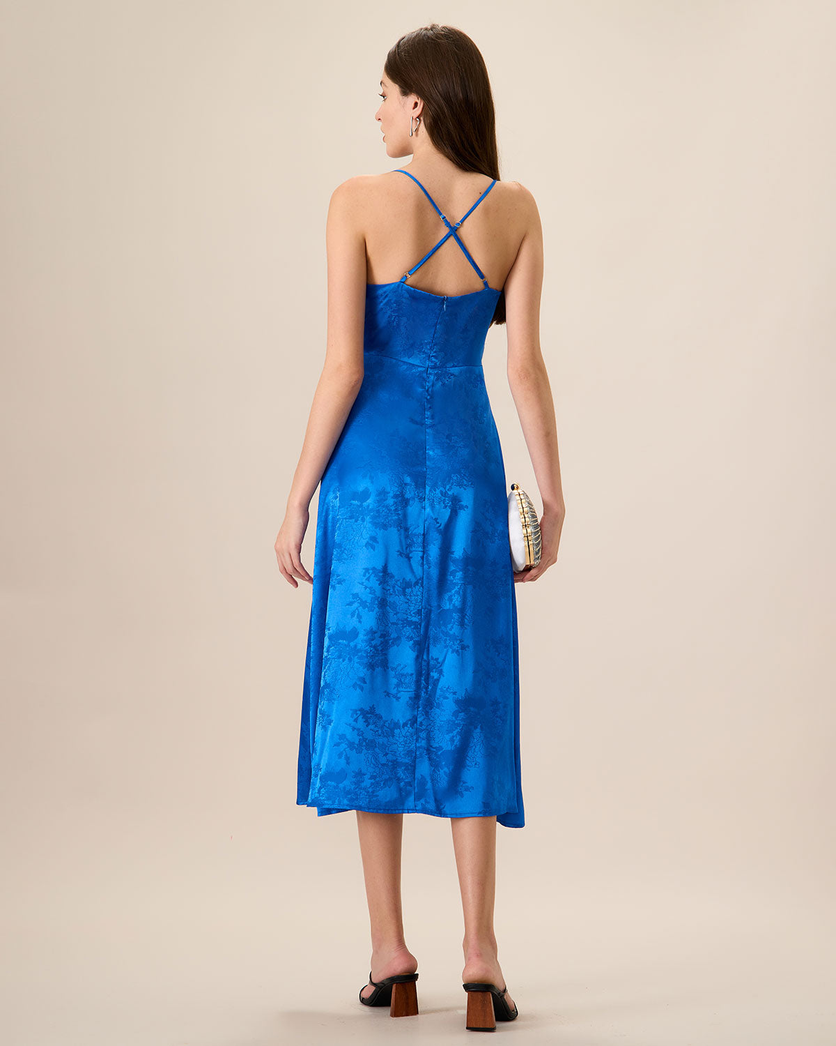 Women's Blue Cowl Neck Jacquard Slip Midi Dress