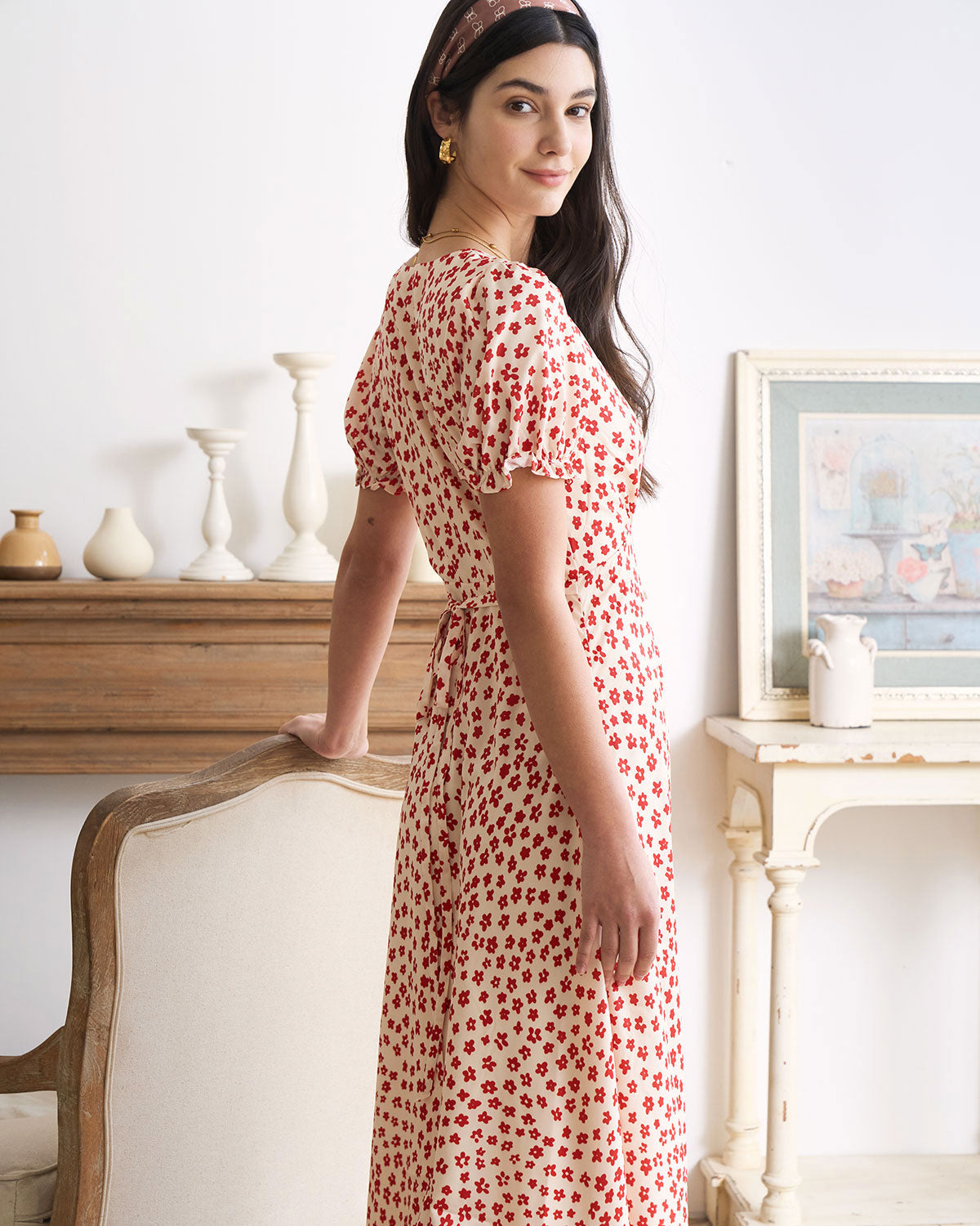 The Red V-Neck Floral Puff Sleeve Maxi Dress Cheap Sale With Mastercard