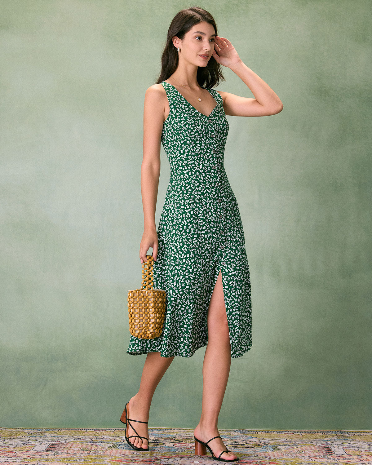 The Green V Neck Floral Button Midi Dress Buy Cheap 2025