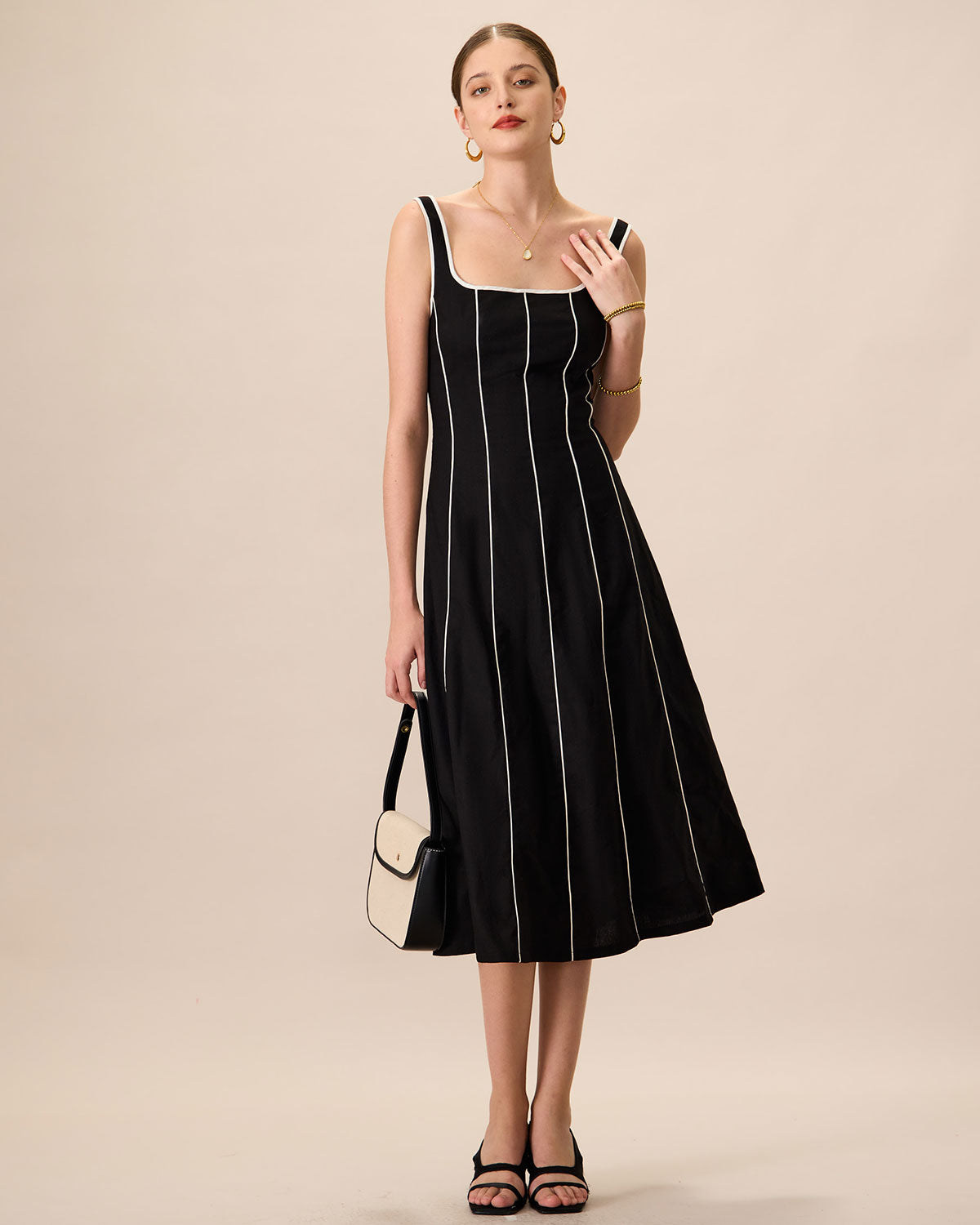 The Black Square Neck Contrast Midi Dress Low Cost For Sale