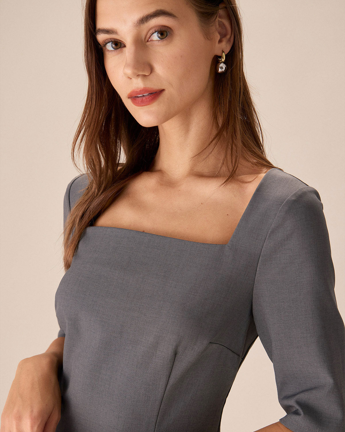 Grey Square Neck Slit Midi Dress Official Online