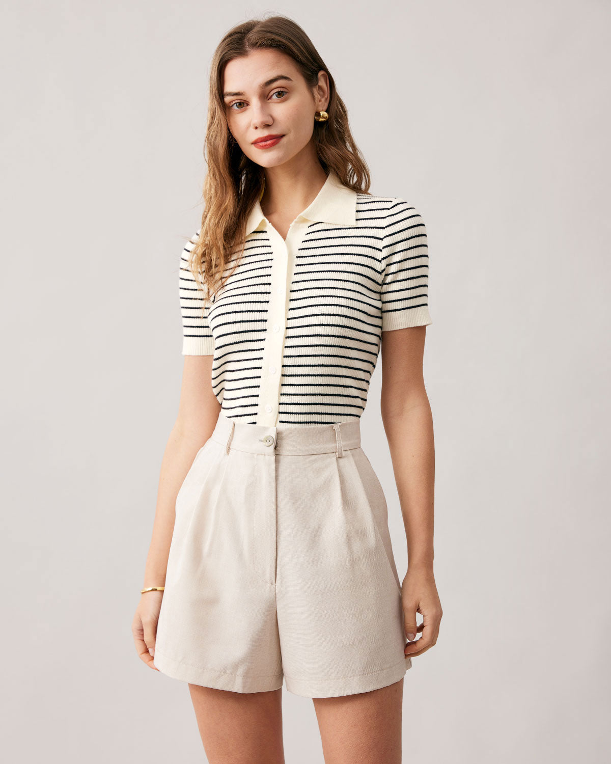 The Lapel Button Up Striped Knit Top Cheapest For Sale