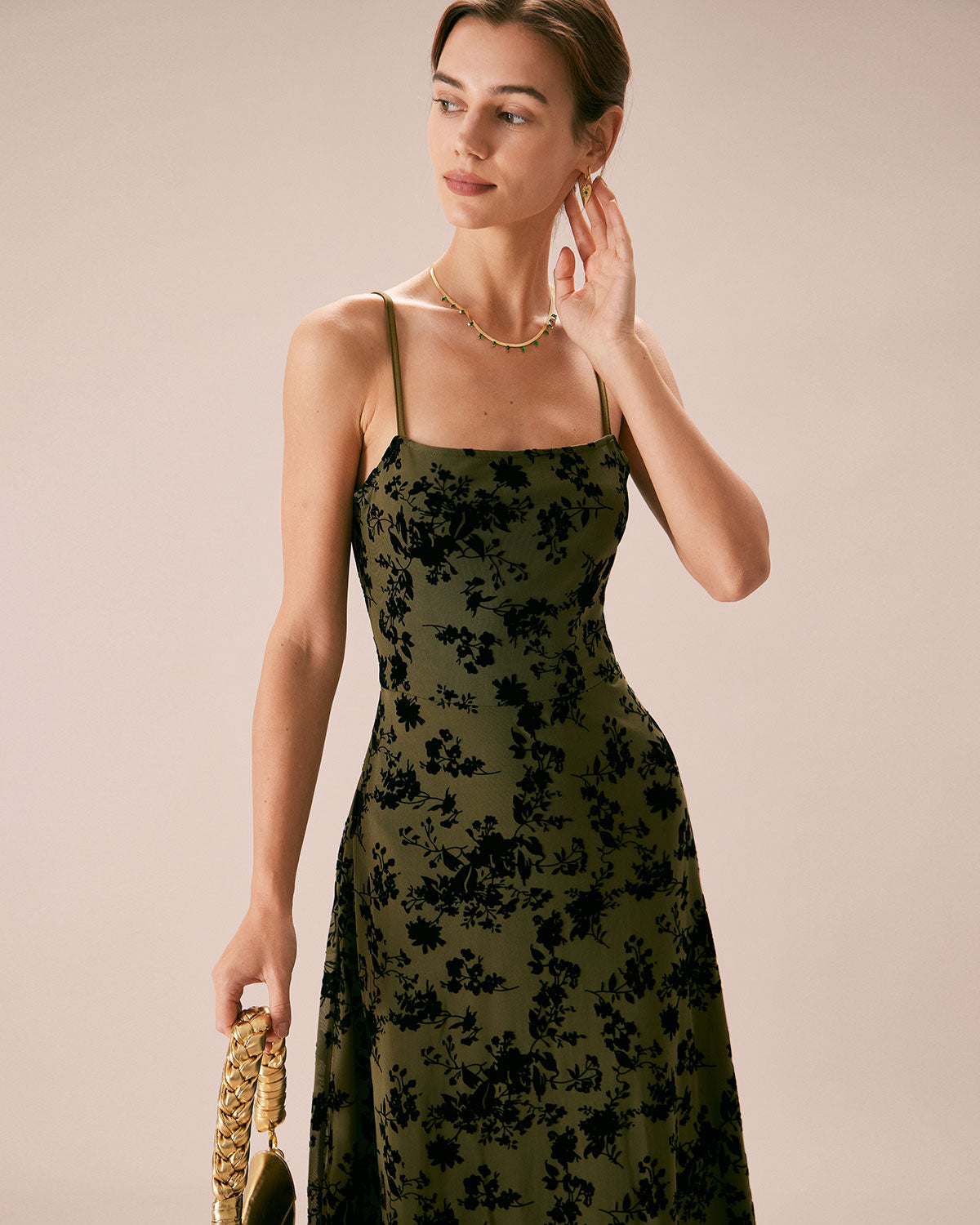 The Green Floral Burnout A-Line Slip Midi Dress Discounts Sale Online