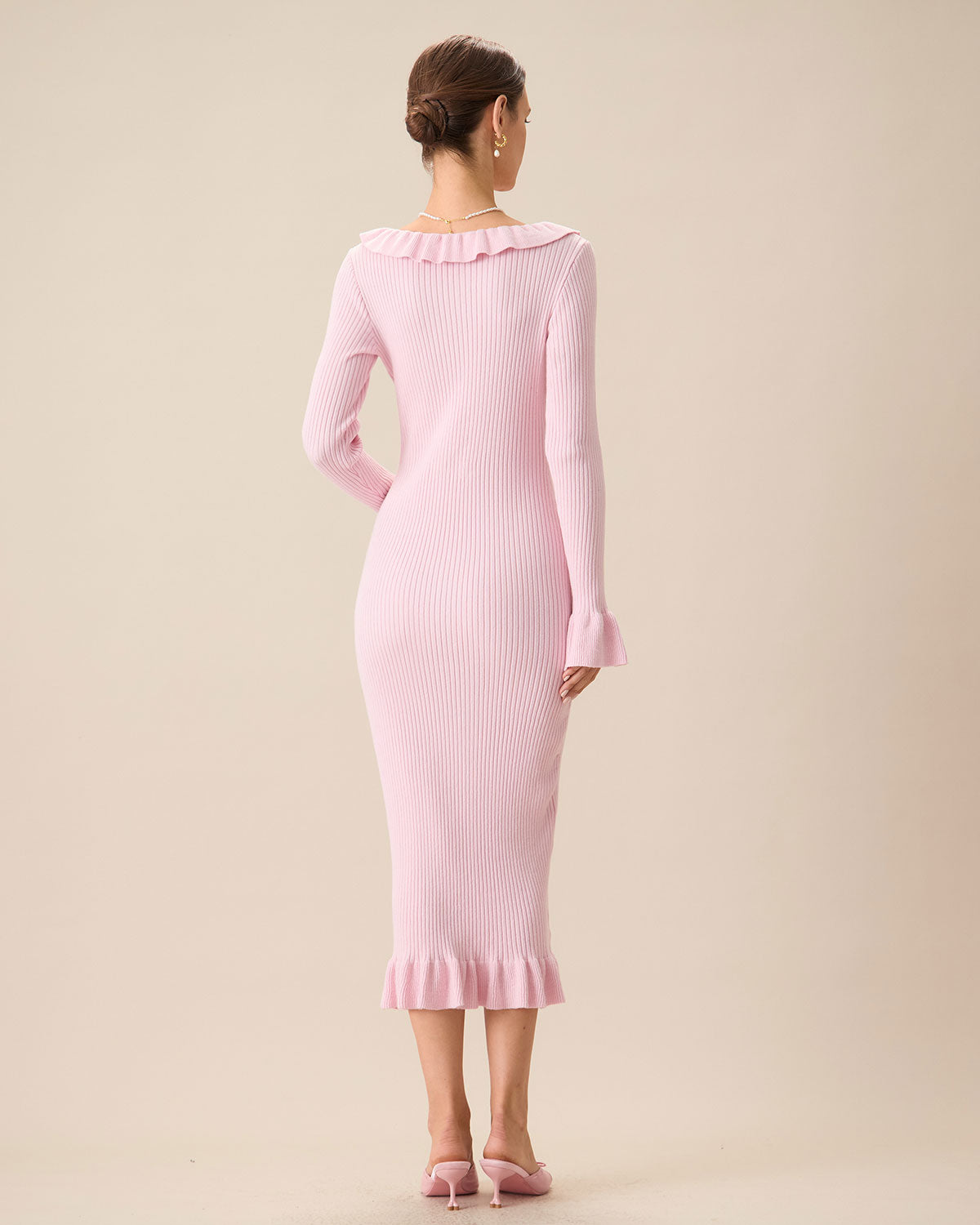 Women's Pink U-Neck Ruffle Bodycon Sweater Dress