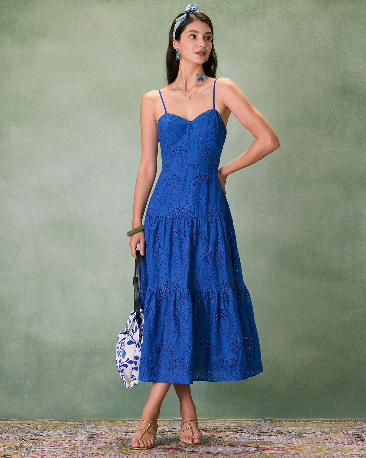 The Blue Sweetheart Neck Embroidery Slip Midi Dress Pay With Paypal