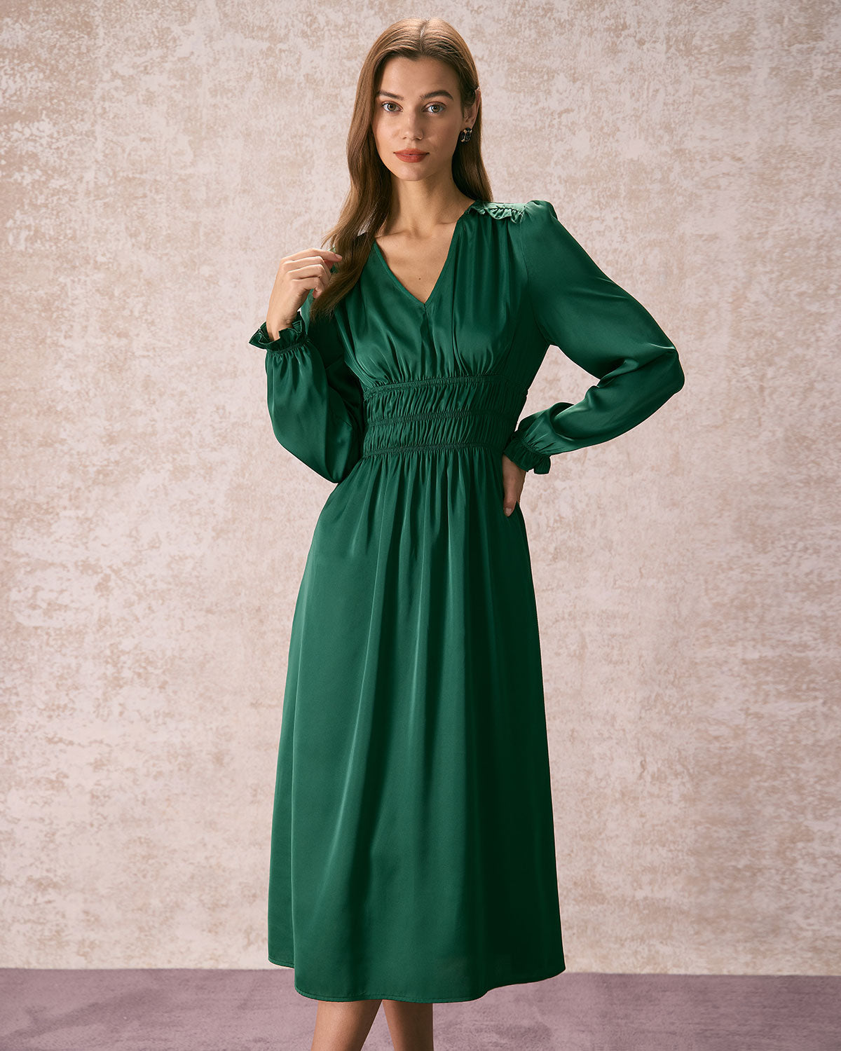 The Green V Neck Ruched Satin Midi Dress Outlet