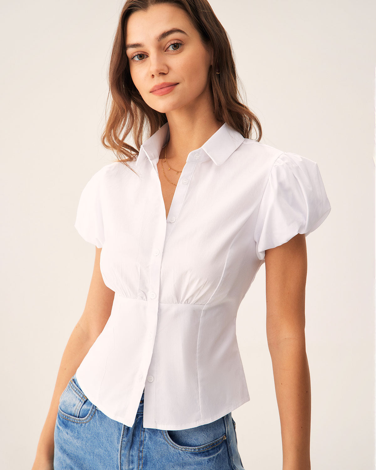 White Puffed Sleeve Slim Blouse Cheap Sale Outlet Store