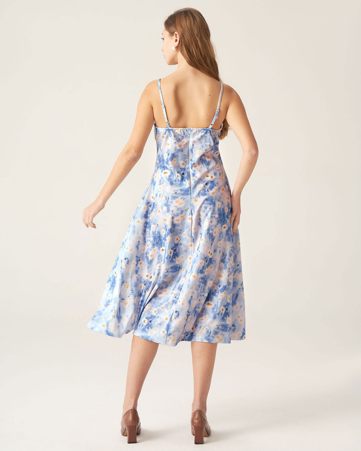 Blue Floral Sweetheart Neck Midi Dress Very Cheap Pice