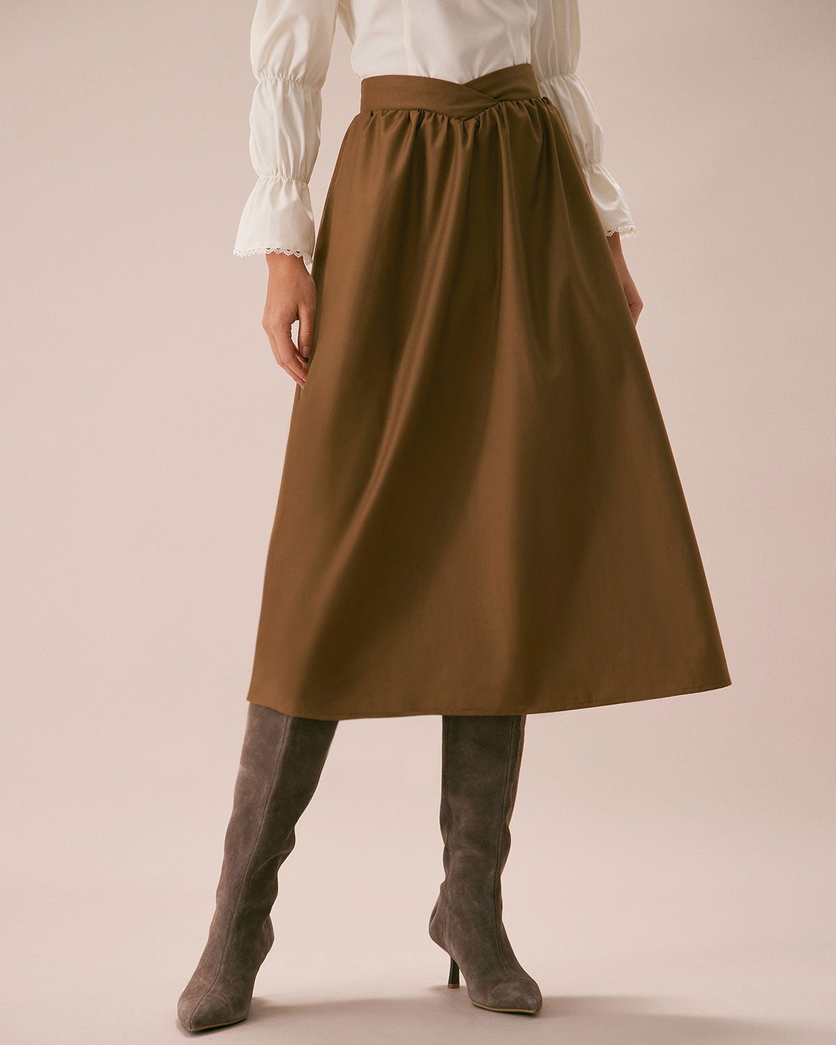 The Khaki High Waisted Pleated Midi Skirt Sale New Styles