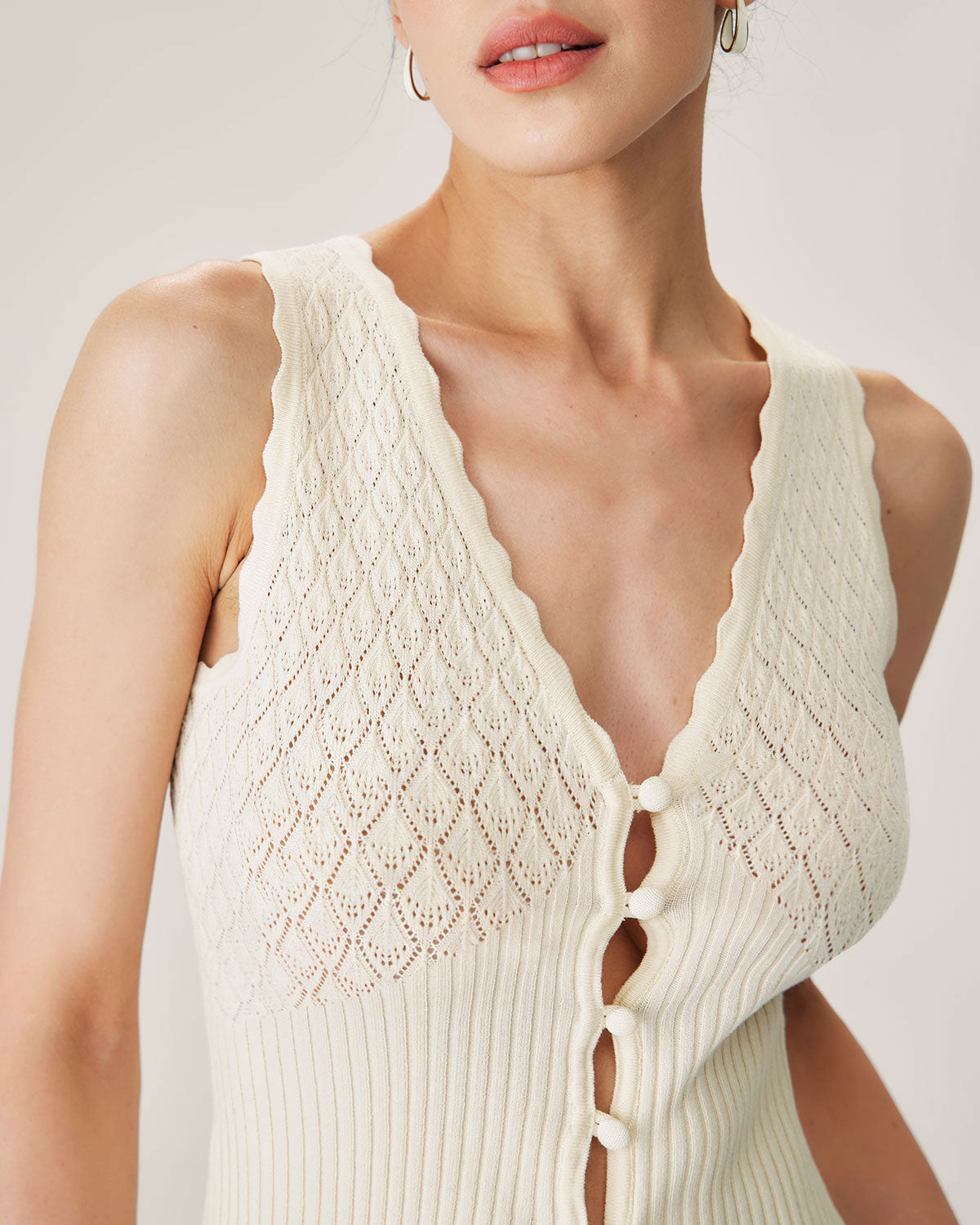 Beige V Neck Ribbed Knit Tank Cheap