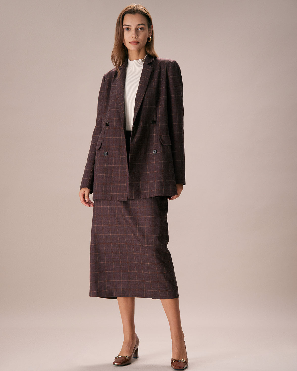 The Coffee Lapel Double Breasted Plaid Blazer Outlet Sale Online