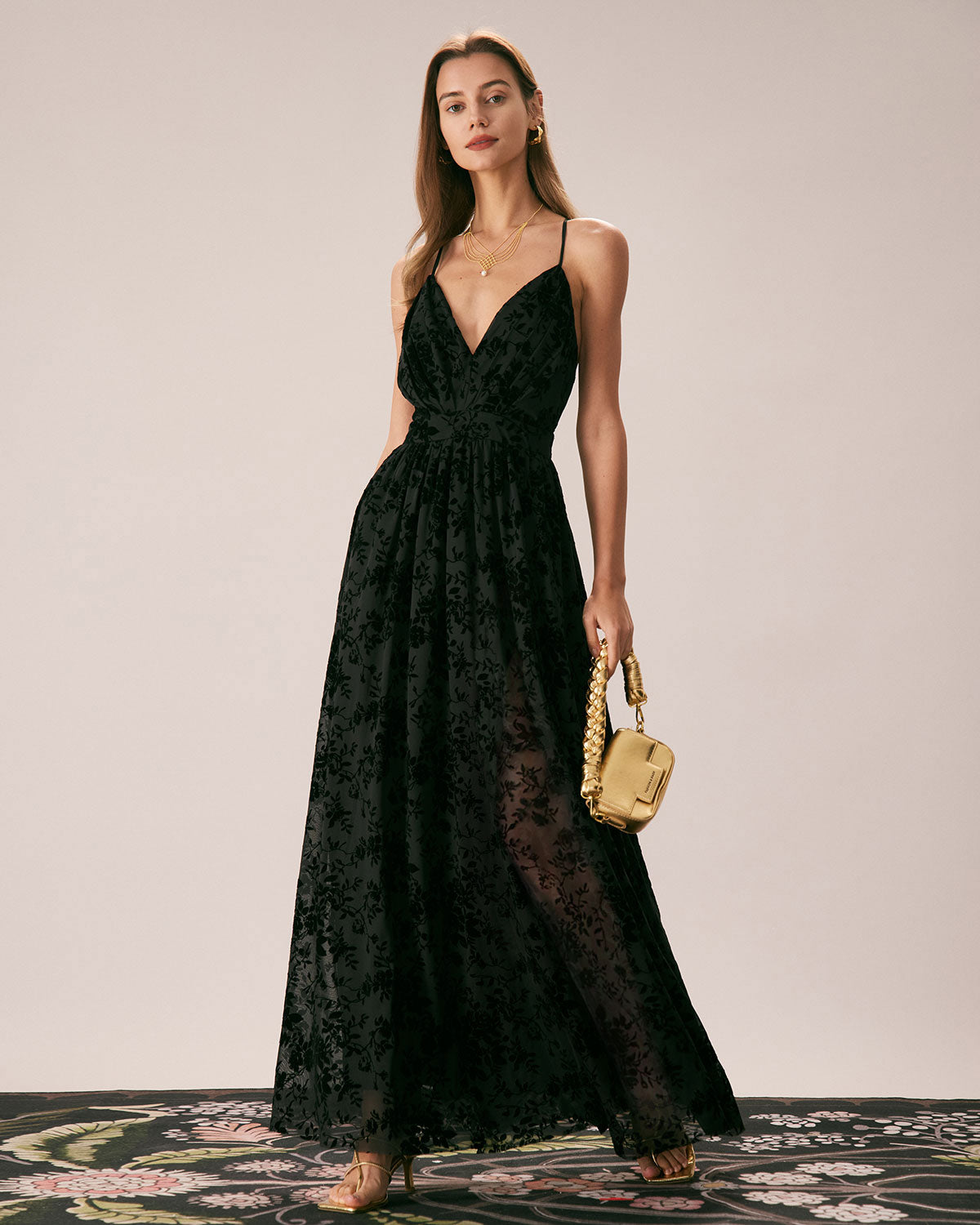 The Black Floral Flocked Mesh Slit Maxi Dress Where To Buy Low Pice