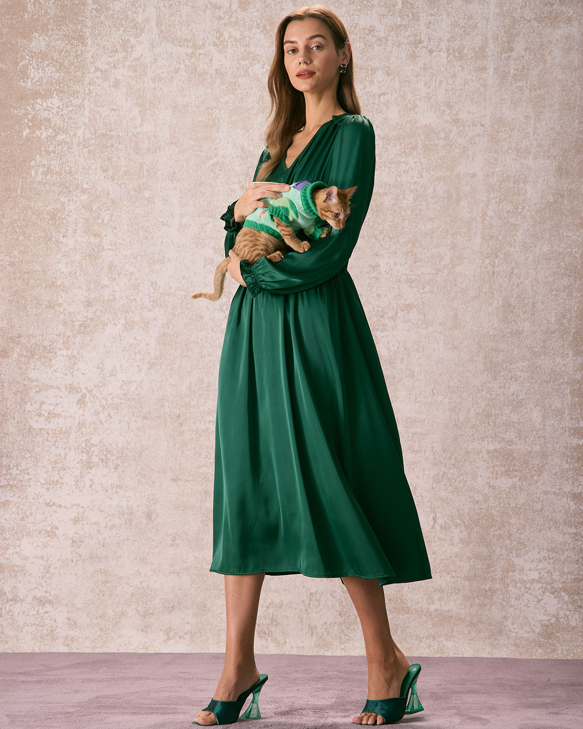 The Green V Neck Ruched Satin Midi Dress Outlet