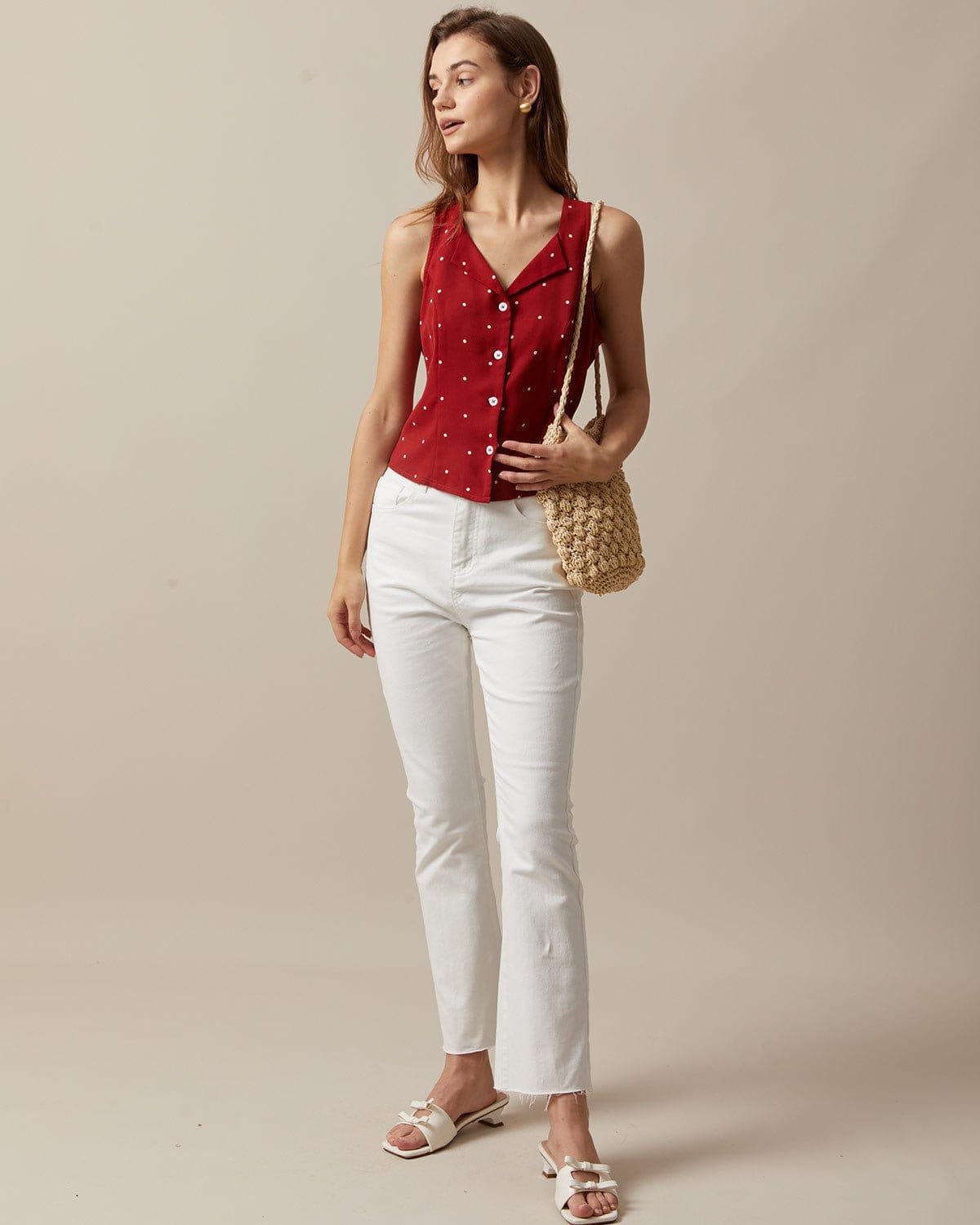 The Red V Neck Polka Dot Print Sleeveless Vest Reliable Online