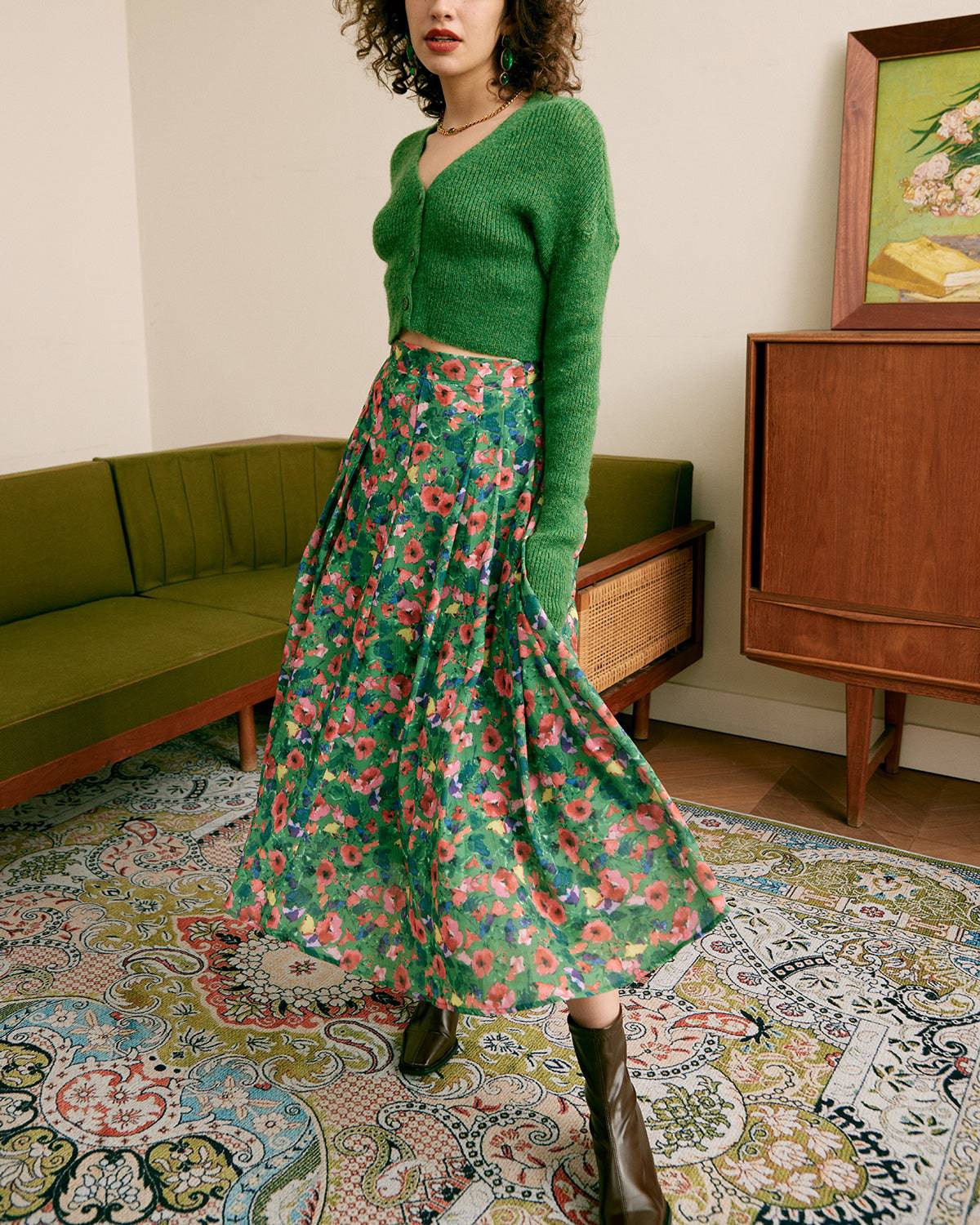 The Green Pleated Floral Skirt 2025 Cheap Online