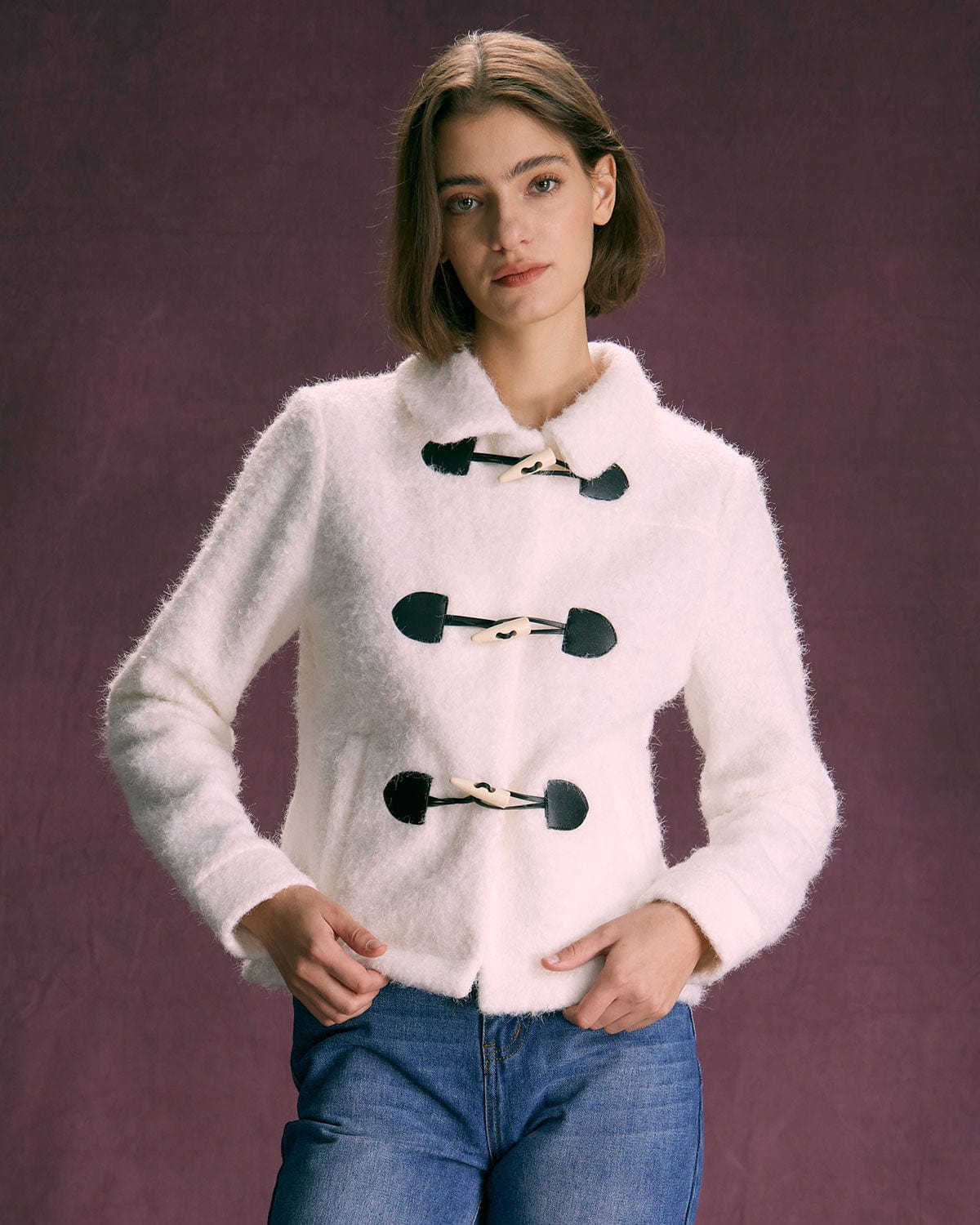 The White Horn Button Long Sleeve Jacket Sale Low Cost