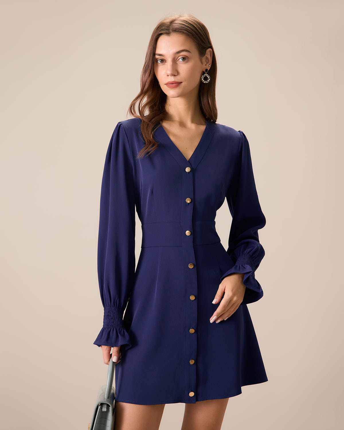 Women's Navy Ruffle Long Sleeve Mini Dress