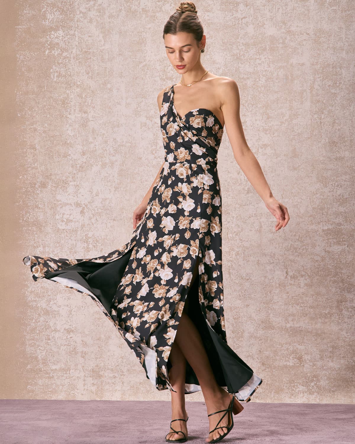 The Black One Shoulder Floral Maxi Dress Free Shipping 2025 Unisex