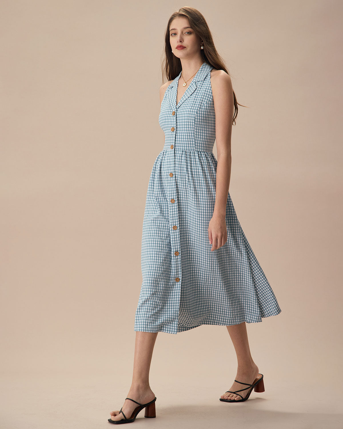 The Blue Lapel Plaid Sleeveless Shirt Midi Dress Cheap Sale Cheap