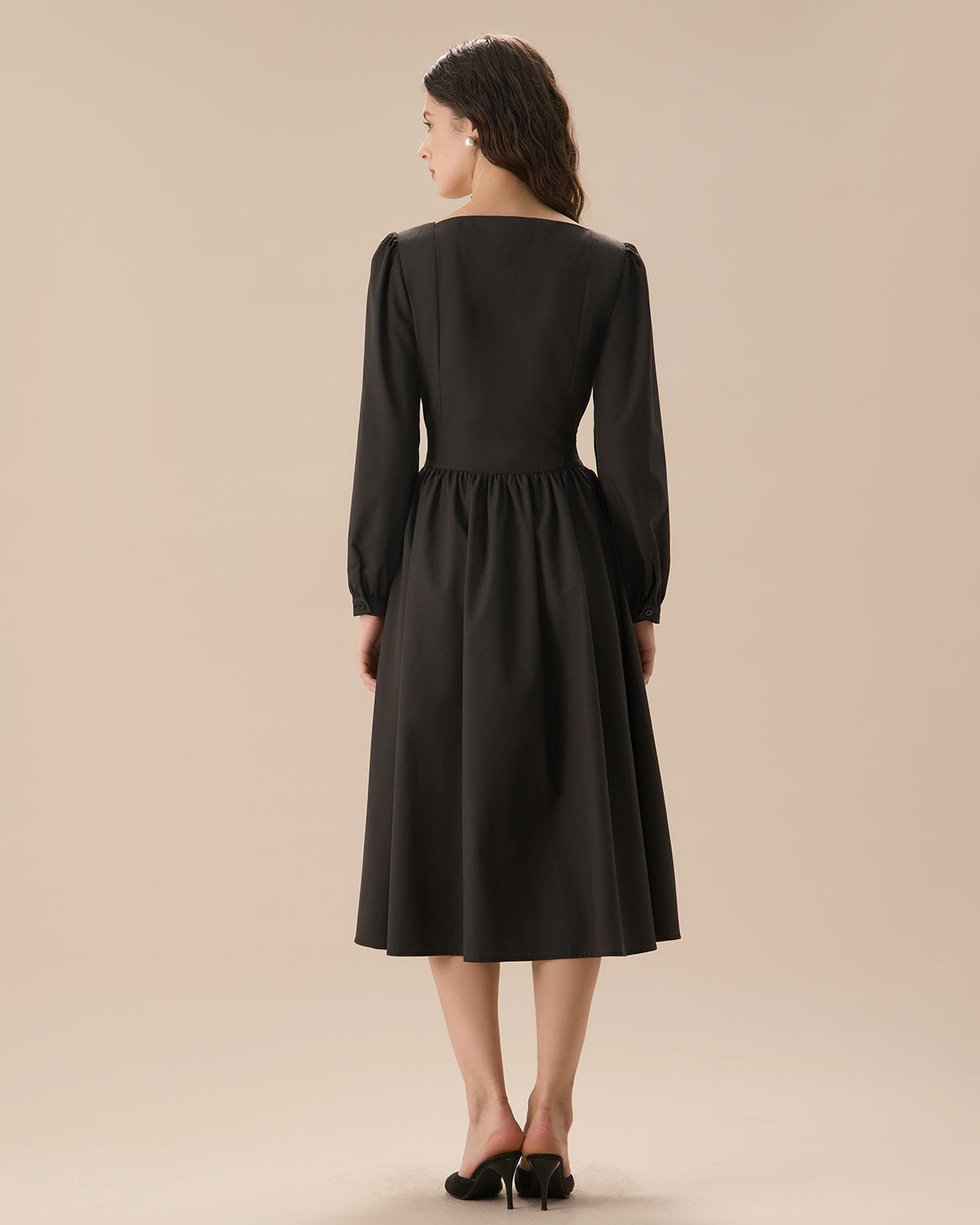 Black Square Neck Puffed Sleeve Midi Dress For Cheap Sale Online