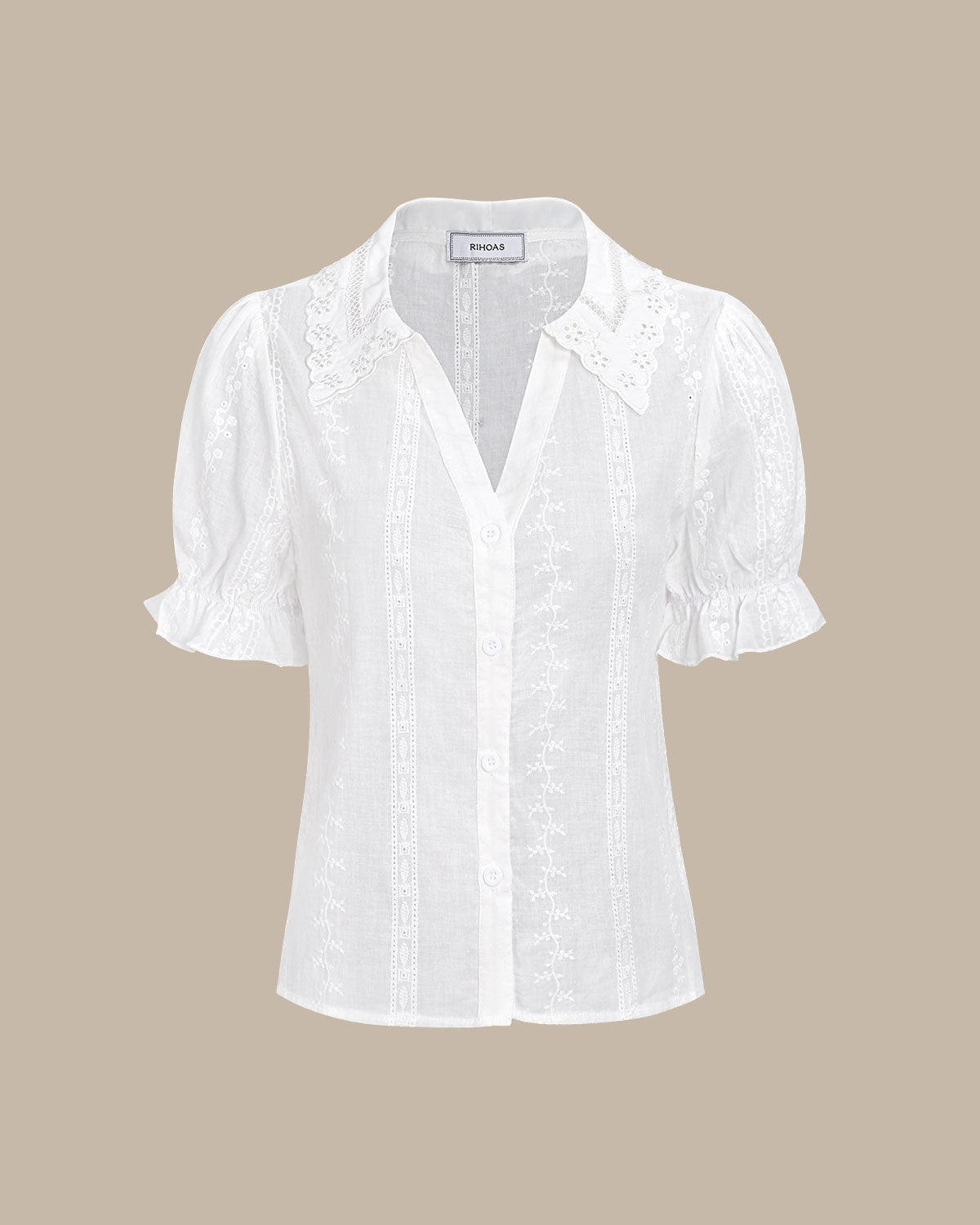 Women's White Collared Lace Embroidery Cotton Blouse