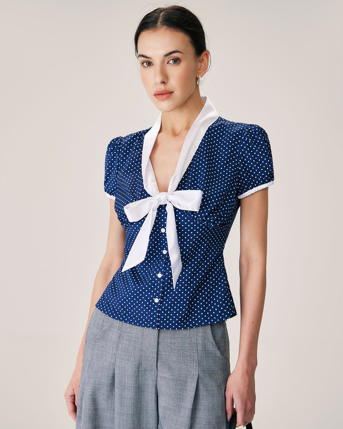 Blue Polka Dot Puffed Sleeve Blouse Buy Cheap 2025