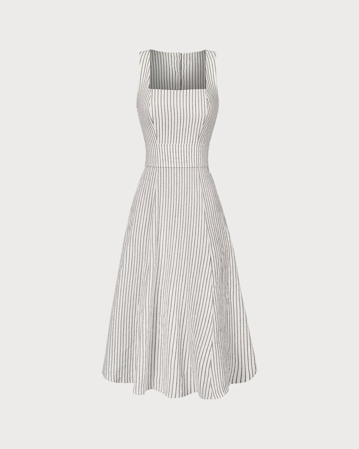 The White Square Neck Striped Midi Dress Discounts Sale Online