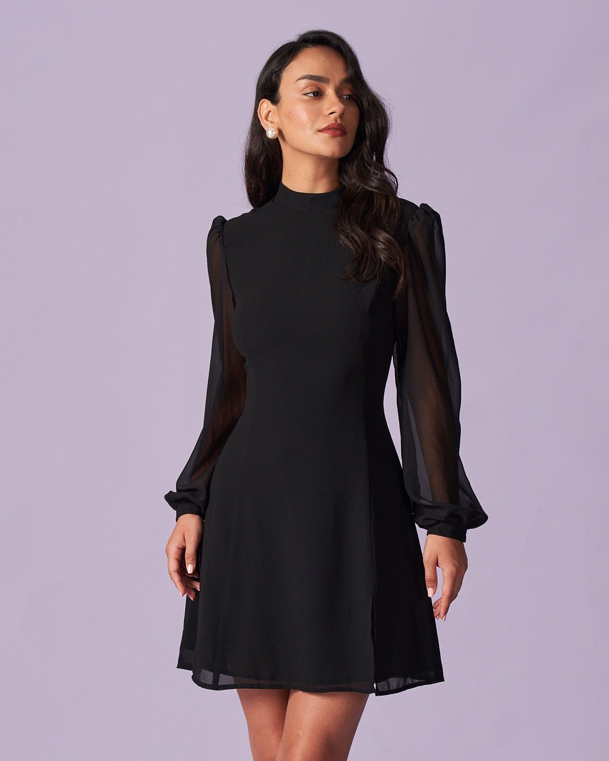 The Black Stand Collar Sheer Slit Mini Dress Outlet Online