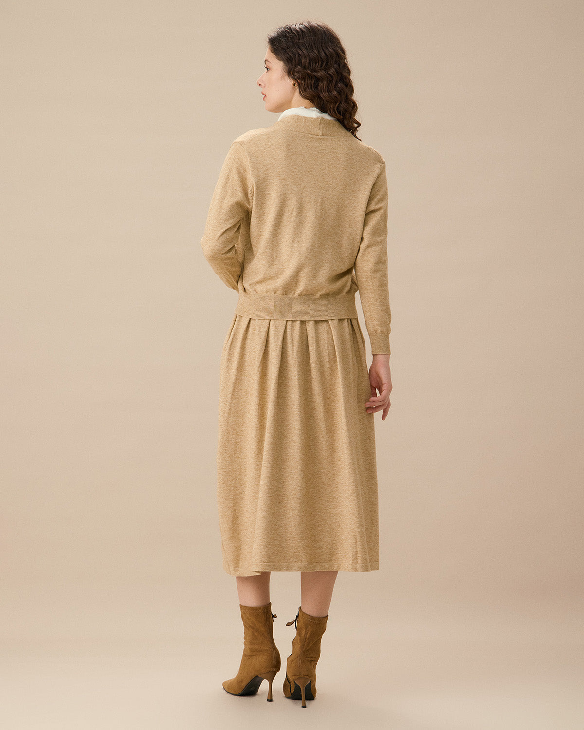 Camel V Neck Cardigan Skirt Set Outlet Online Shop