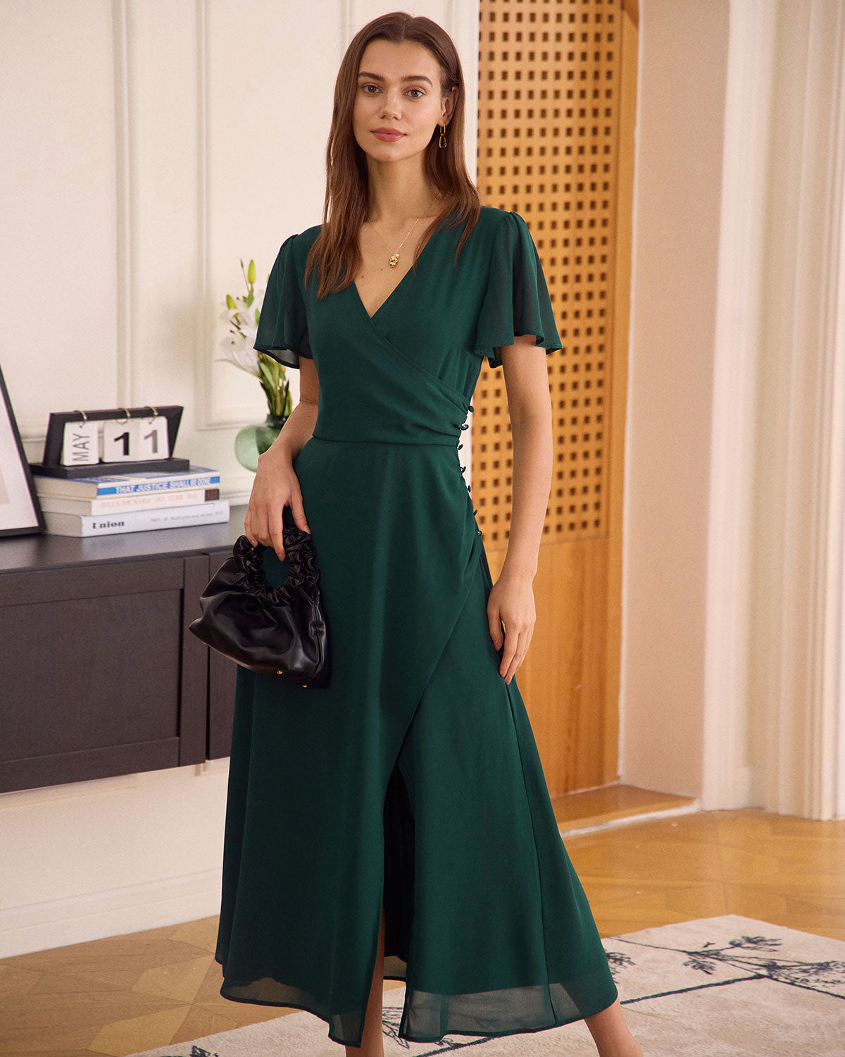 The Green V Neck Button Wrap Maxi Dress Big Sale