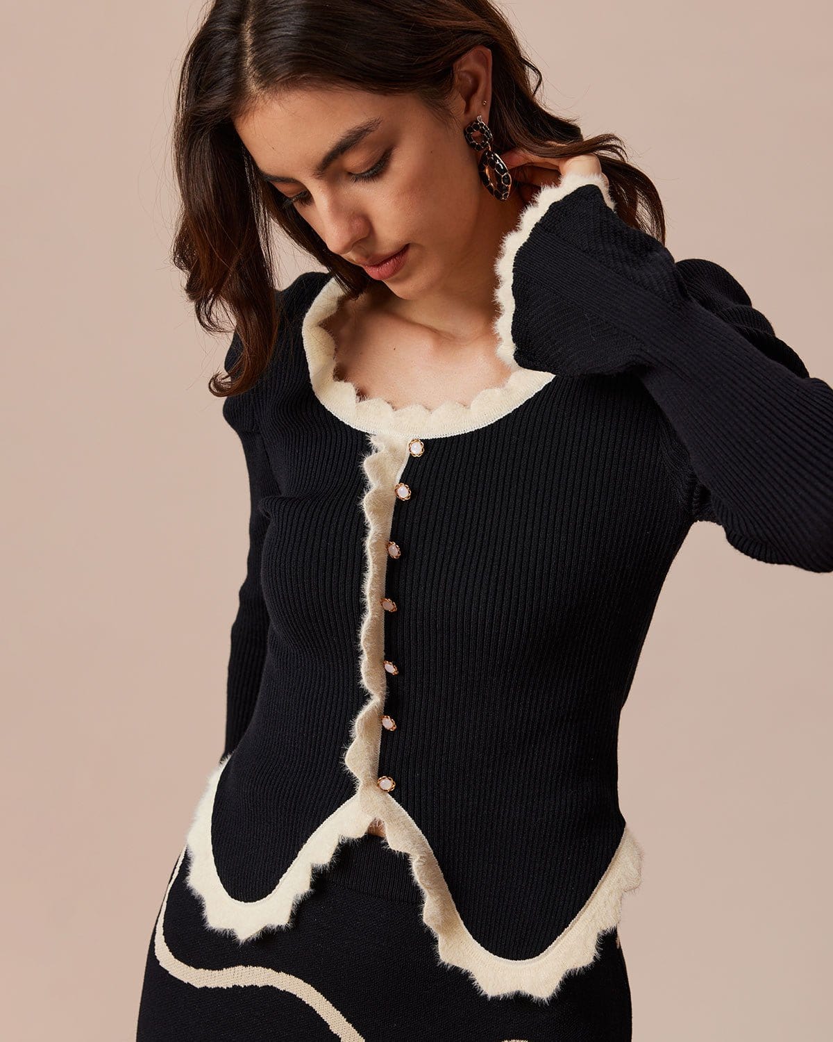 The Black Contrast Trim Gigot Sleeve Knit Top Cheapest Cheap Online