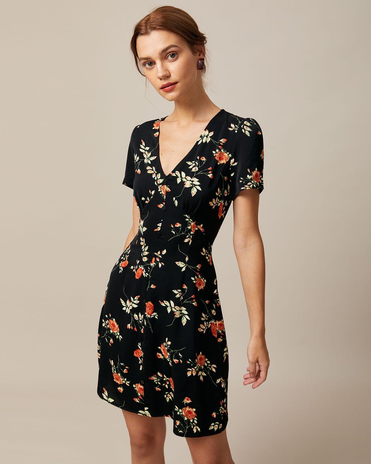 The Black V Neck Floral Button Up Mini Dress Sale Great Deals