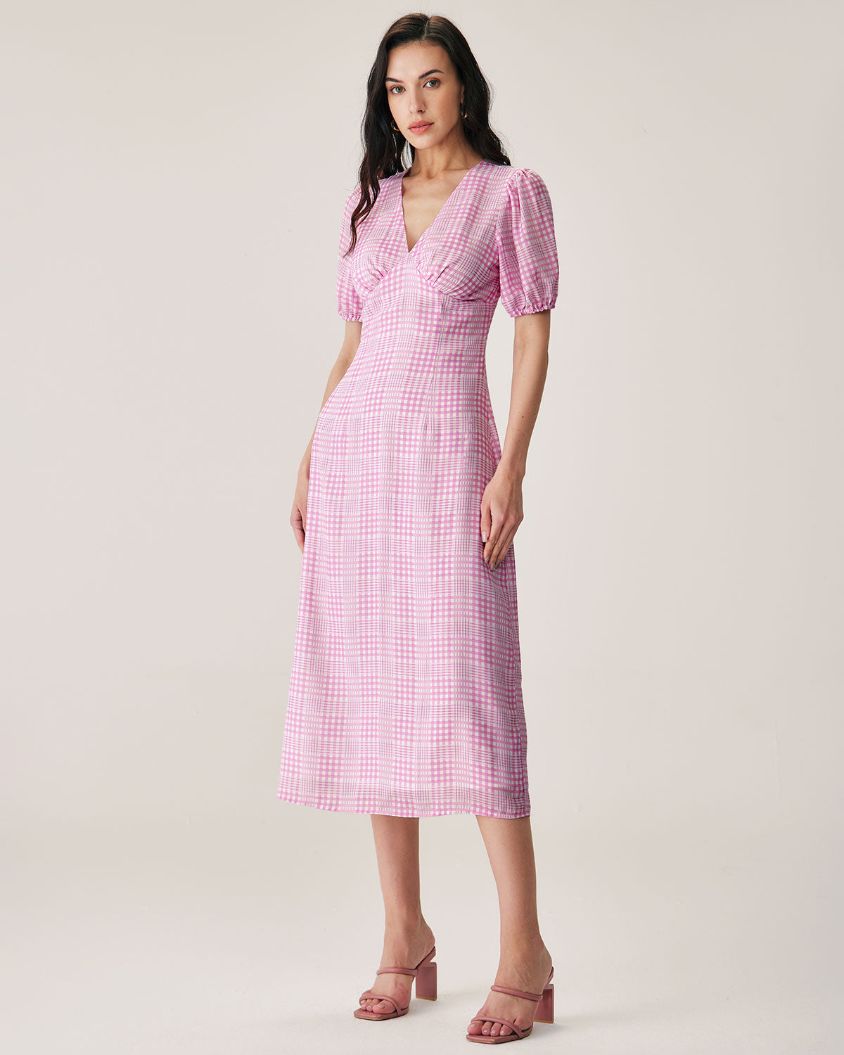 Pink Plaid V-Neck Midi Dress Cheap Wide Range Of