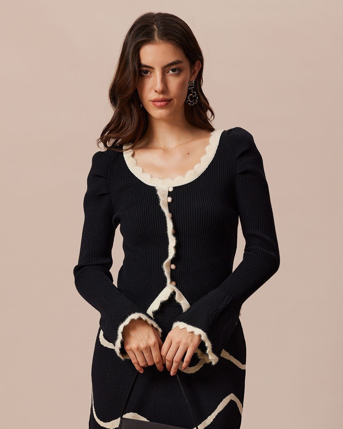 The Black Contrast Trim Gigot Sleeve Knit Top Cheapest Cheap Online