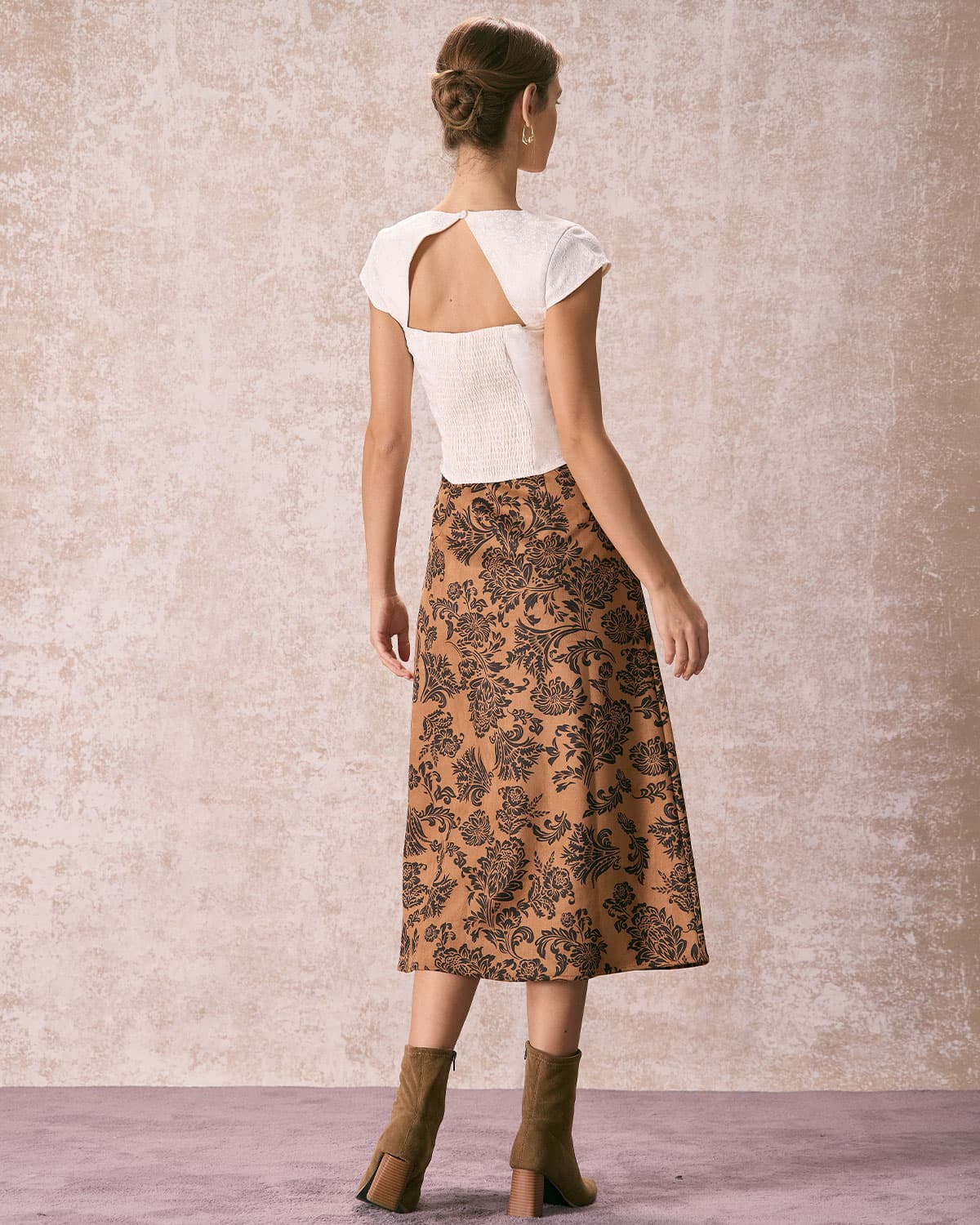 The Brown High Waist Floral Suede Midi Skirt 2025 New