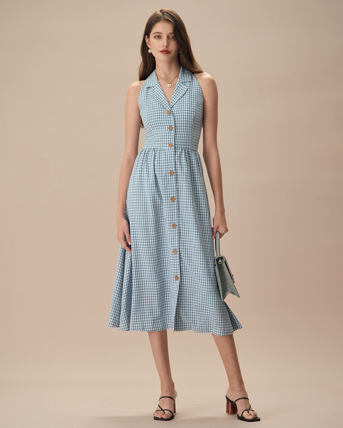 The Blue Lapel Plaid Sleeveless Shirt Midi Dress Cheap Sale Cheap