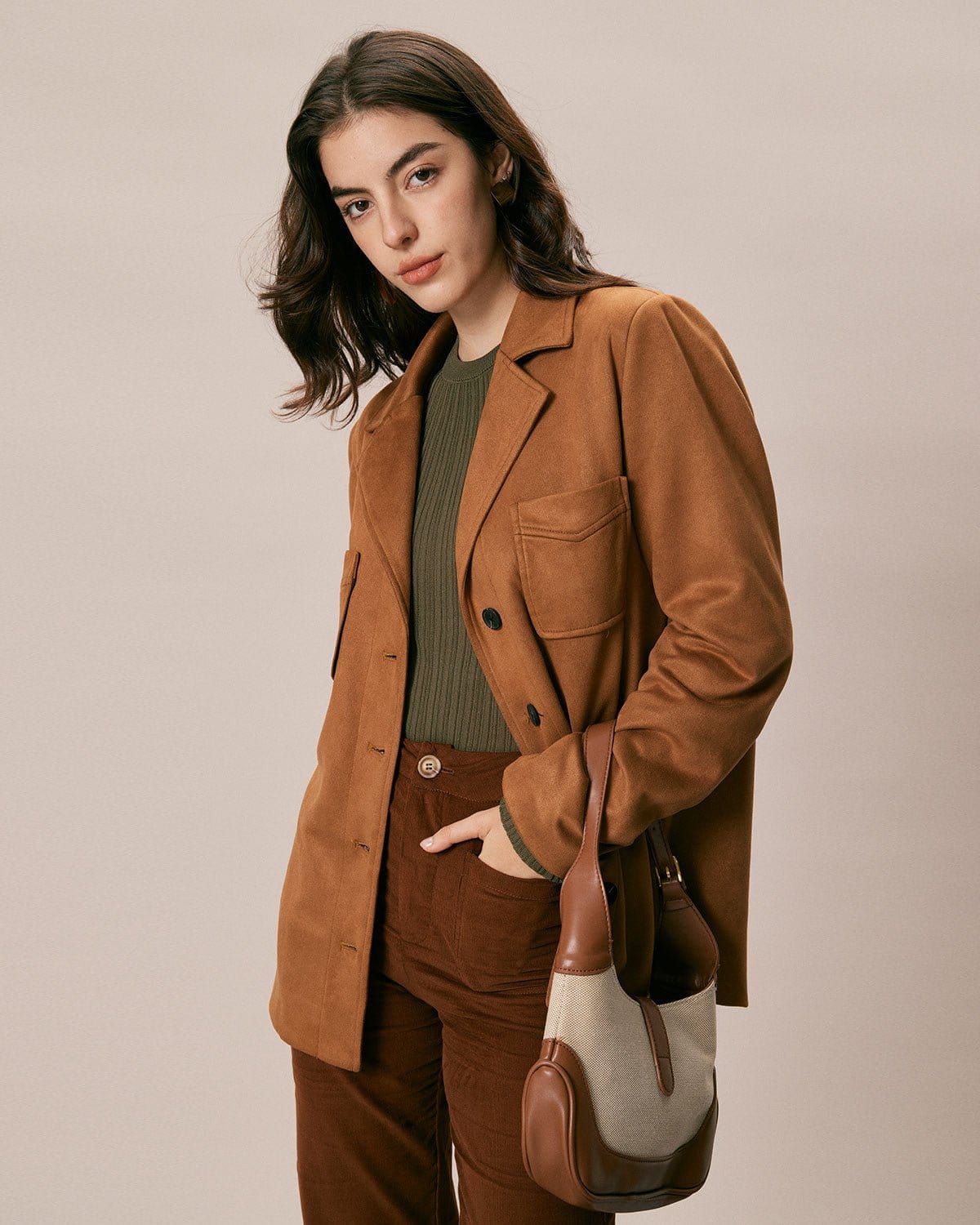 The Brown Lapel Pockets Button Suede Jacket Visit Sale Online